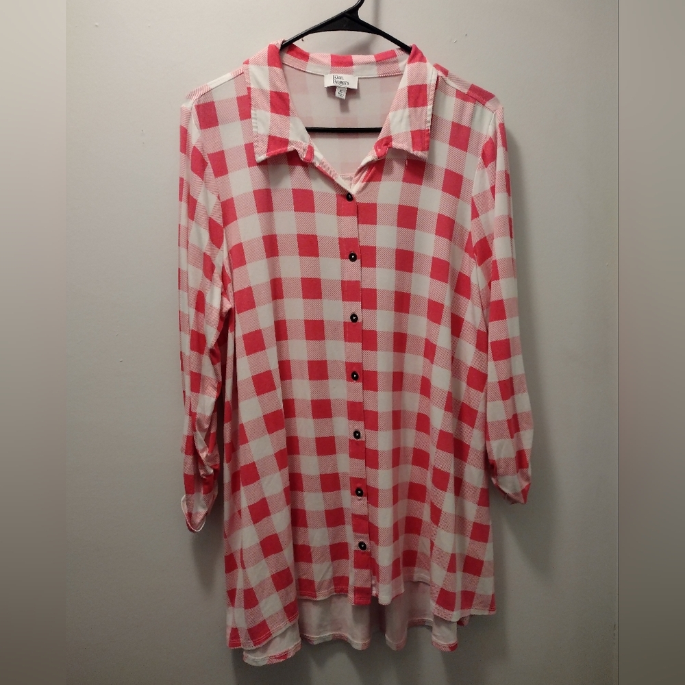 Kim Rogers Coral Pink and White Plaid Button-Down Tunic